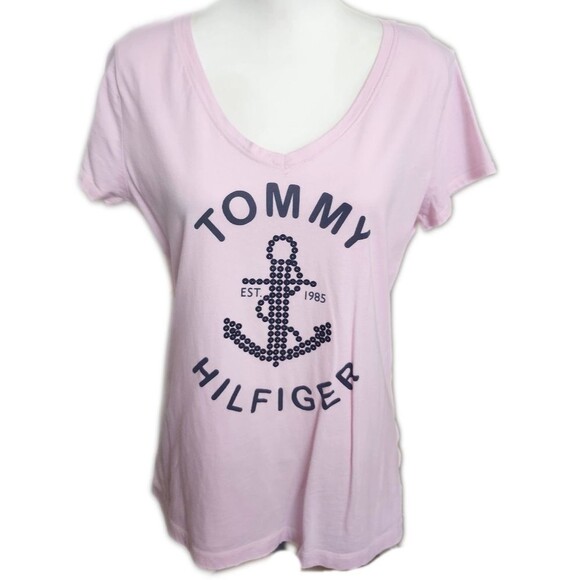 Tommy Hilfiger v-neck cotton t-shirt tee navy sequin anchor detail - M - Picture 1 of 5